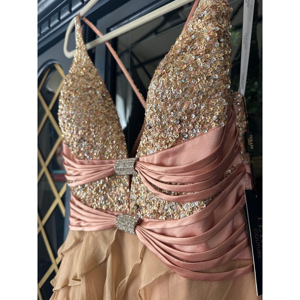 NWT Terani Couture Silk Beaded Ruffled Rhinestone cocktail dress nude pink sz 12 - Picture 3 of 8